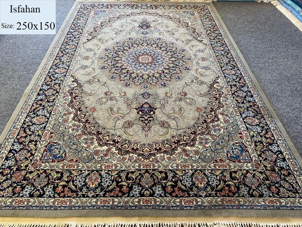 Isfahan Silk, Size:250x150, Reeds/meter:1500, Green hue, Fine knotted, with certificate of authenticity and exchange warranty. Imported directly from Iran.