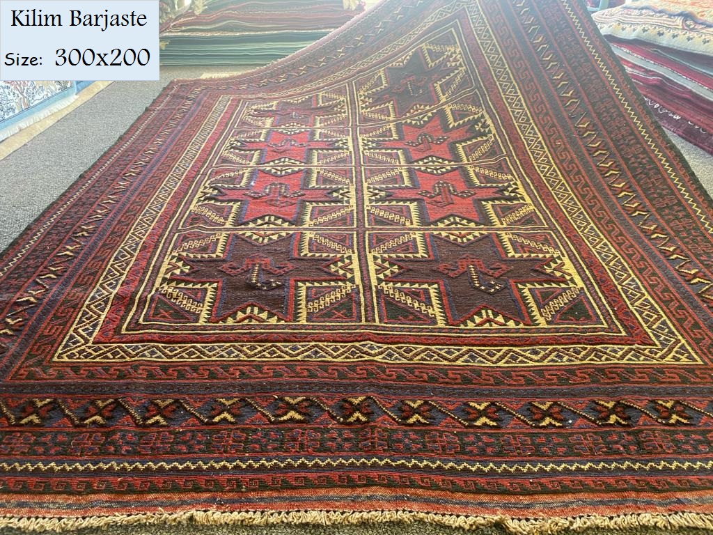 Kilim Barjaste, Size:300x200, Hand woven, Natural wool and dye, With certificate of authenticity and exchange warranty. Imported directly from Iran.