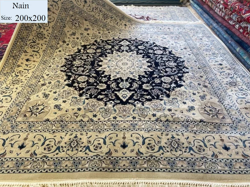 Nain Square, Size:200x200, Navy, Wool and Cotton, With certificate of authenticity and exchange warranty. Imported directly from Iran.