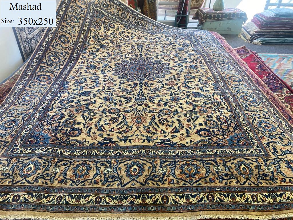 Persian Handmade Mashad Rug, Size:350x250, Fine Knotted, Natural wool and dye, with certificate of authenticity and exchange warranty. Imported from Iran.