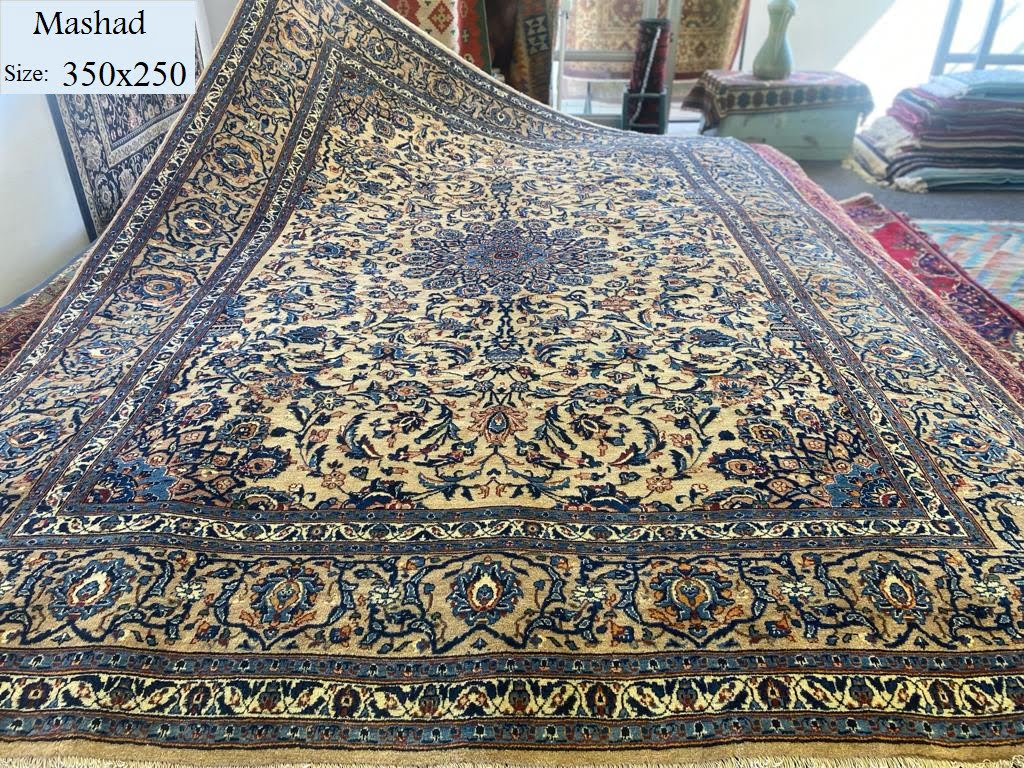 Persian Handmade Mashad Rug, Size:350x250, Fine Knotted, Natural wool and dye, with certificate of authenticity and exchange warranty. Imported from Iran.