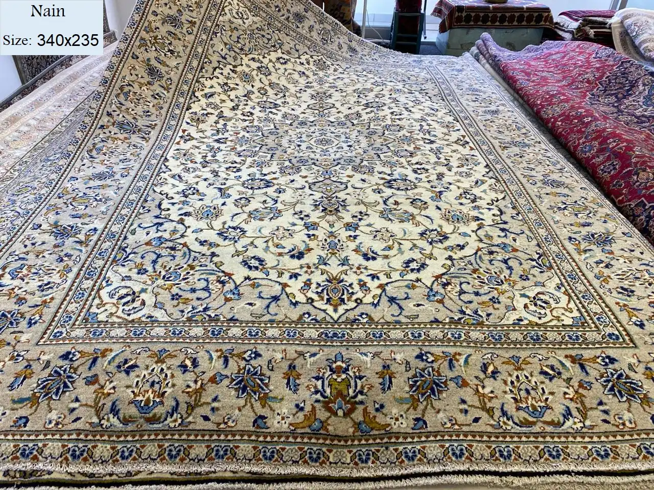 Genuine Nain Rug, Size:340x235, Hand Knotted, Natural wool, vegetable dye, with certificate of authenticity and exchange warranty. Imported from Iran.