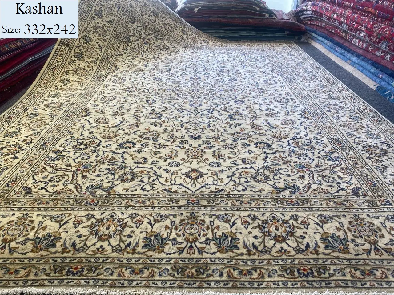 Hand woven kashan, Size:332x242, Natural wool, vegetable dye, Certificate of Authenticity & Exchange Warranty. Imported from Iran.