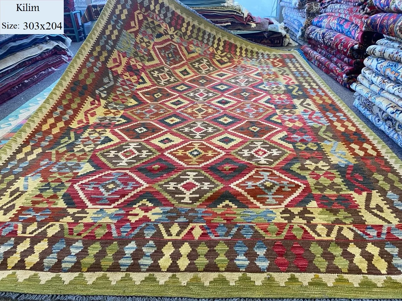 Afghan Chobi Kilim, Size:303×204, Natural wool and dye, Hand woven, With certificate of authenticity and exchange warranty.