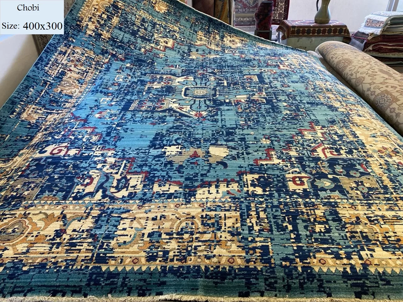 Chobi modern style, Size:400x300, Blue rust, mixture of cotton and polyester, machine made.