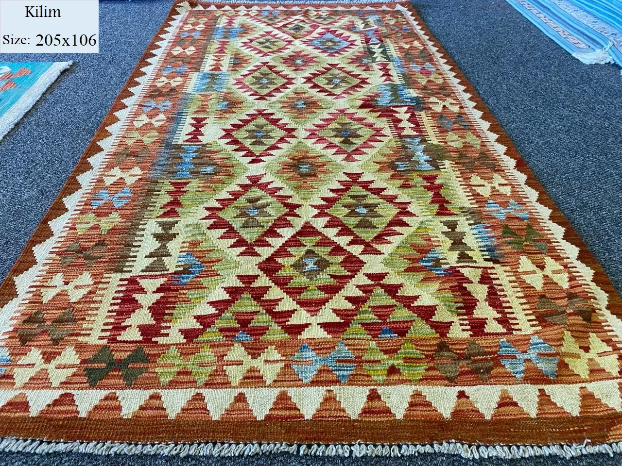 Colorful kilim, Size:205x106, Natural wool and dye, Hand woven, With certificate of authenticity and exchange warranty.