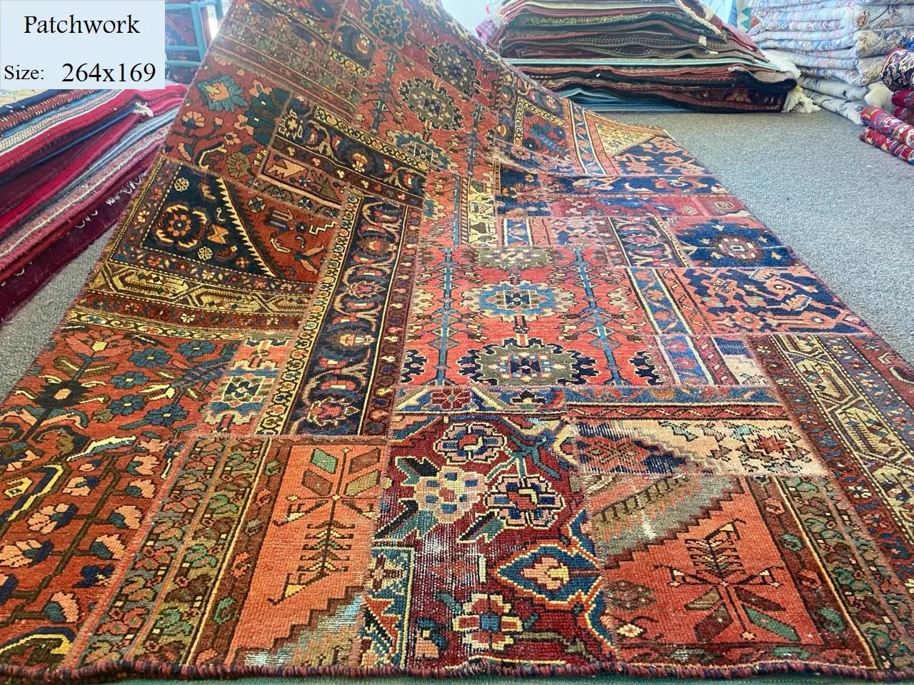 Handmade Patchwork Rug, Size: 264x169, Antique Malayer rug, age: 80, with certificate of authenticity and exchange warranty. Imported directly from Iran.