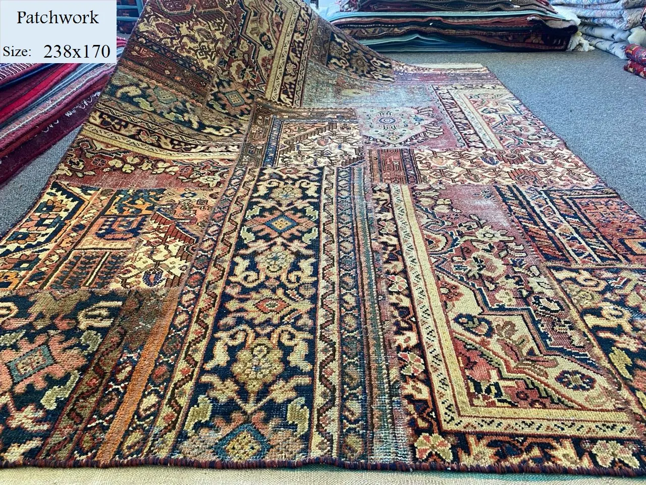 Malayer Patchwork Rug, Size: 238x170 cm, Antique Malayer rug, age: 85, with certificate of authenticity and exchange warranty. Imported directly from Iran.