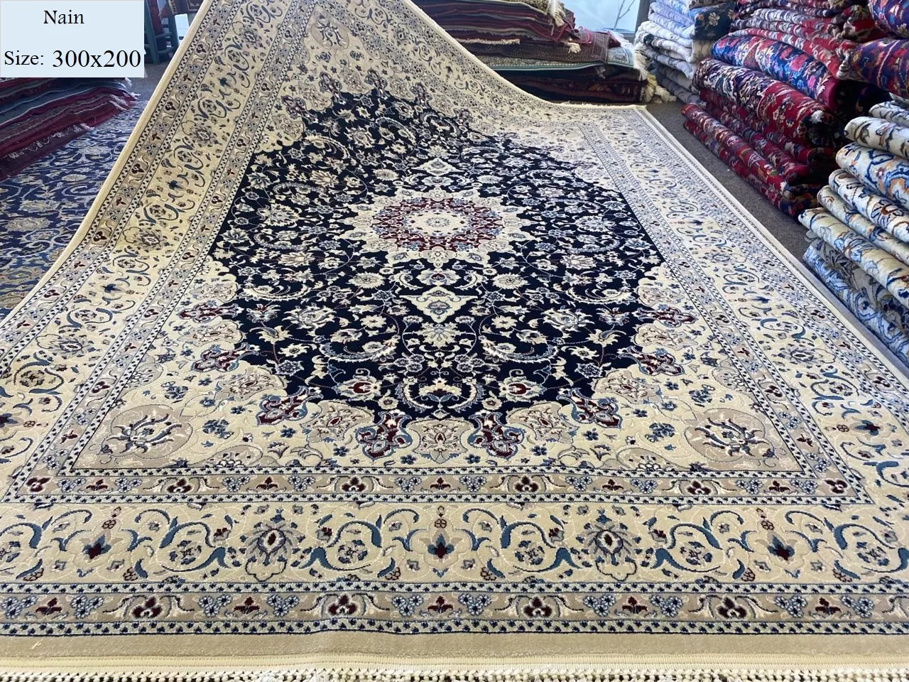 Navy Nain, Size:300×200, Wool and Cotton, with certificate of authenticity and exchange warranty. Imported directly from Iran.