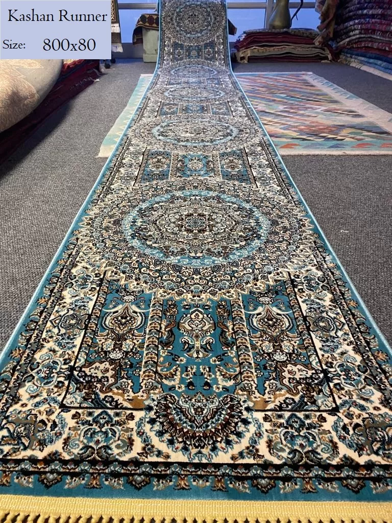 Blue Kashan Ruuner, Size: 800x80, Mixture of Polyester and cotton, With certificate of authenticity and exchange warranty. Imported directly from Iran.