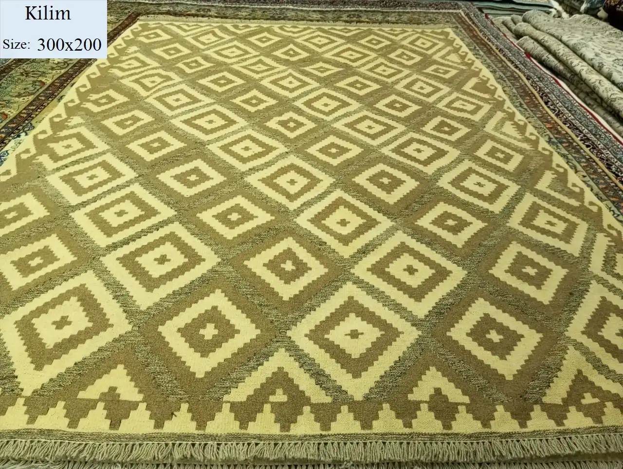 Kilim Khaki 3x2m, Natural wool and dye, Flat hand woven, With certificate of authenticity and exchange warranty.