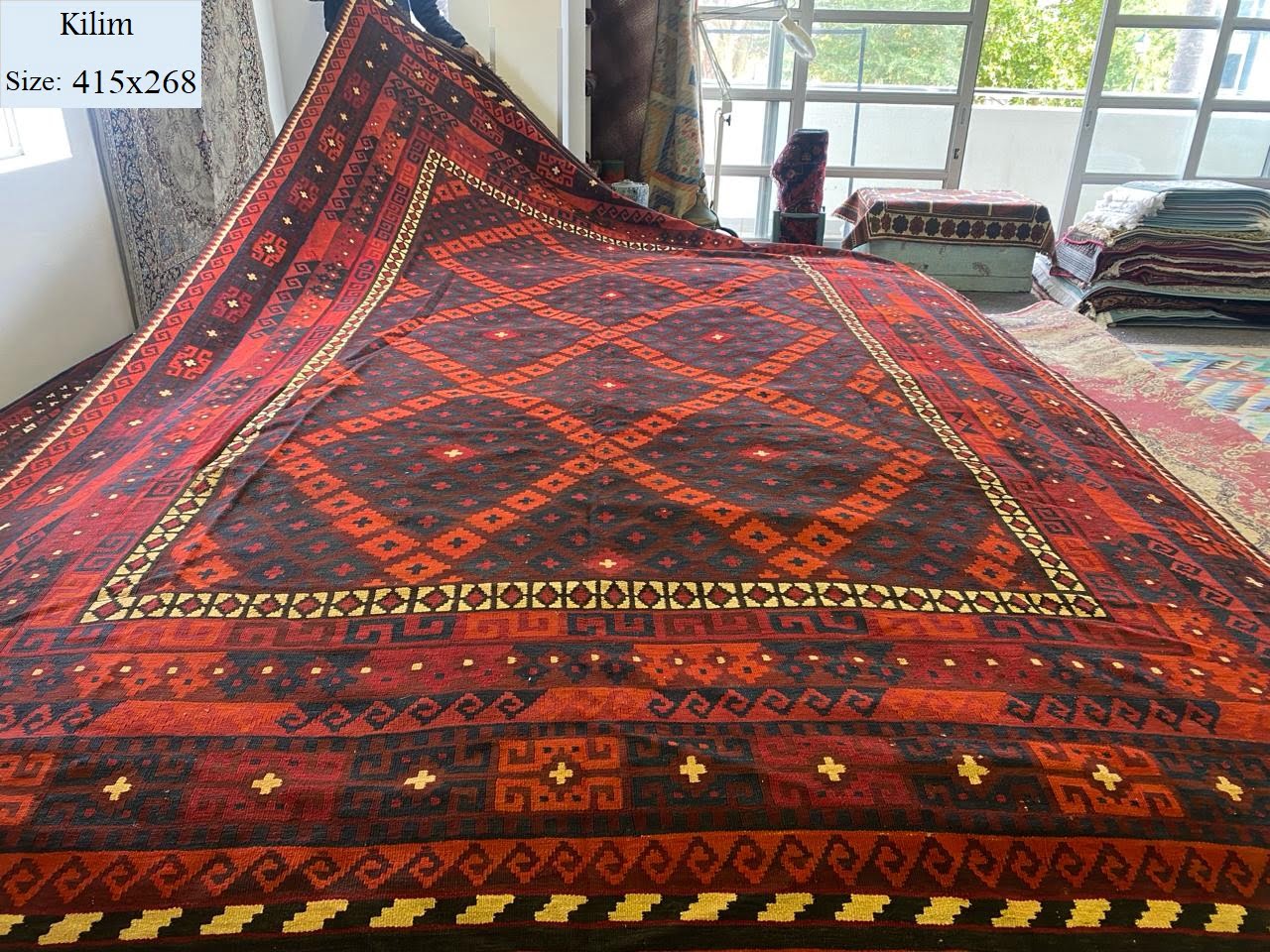 Kilim Maimana, Size: 415x268, Red, Afghan tribal kilim, flat woven, natural wool and dye, With certificate of authenticity and exchange warranty.