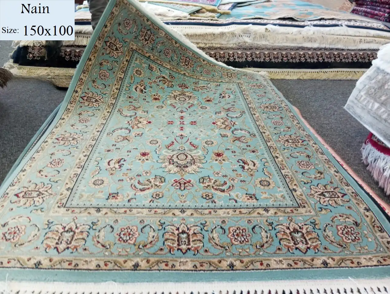 Nain Blue 150x100, Wool and Cotton, with certificate of authenticity and exchange warranty. Imported directly from Iran.