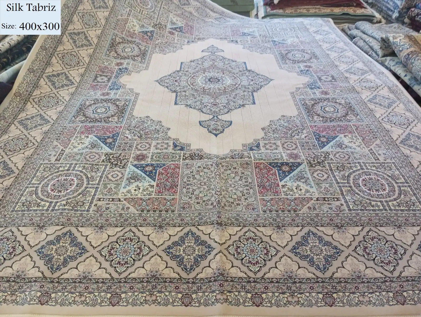 Silk Tabriz, Size:400x300, Silk thread Knotted, Reeds/meter:2000, with certificate of authenticity and exchange warranty. Imported directly from Iran.