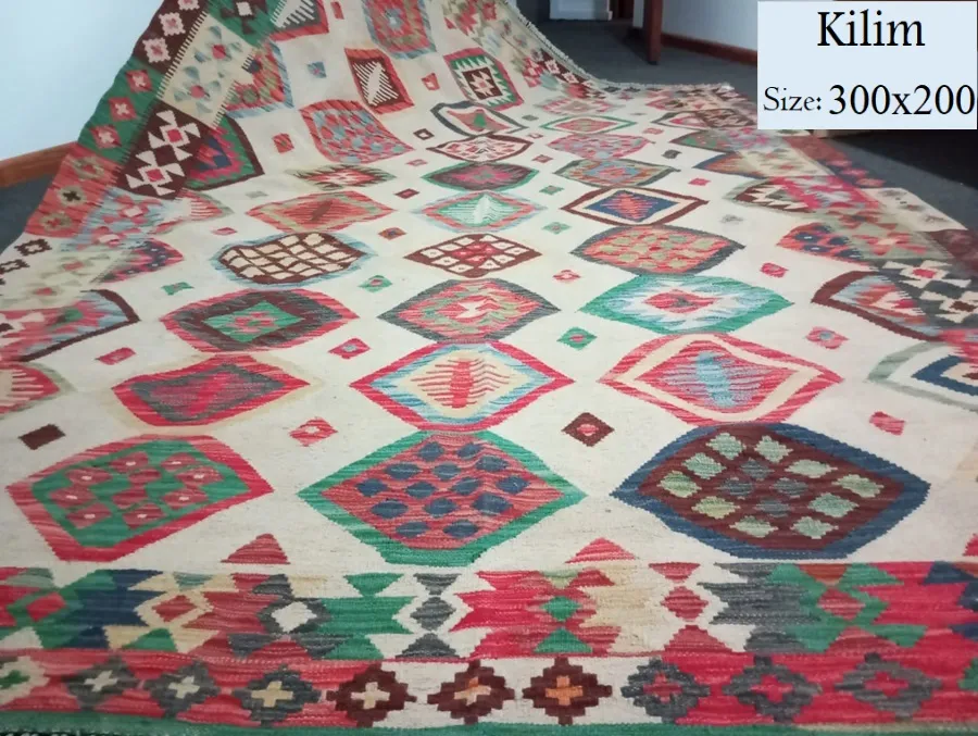 Chobi Afghan Kilim, Size: 300x200 cm, Natural wool and dye, Hand woven, With certificate of authenticity and exchange warranty.