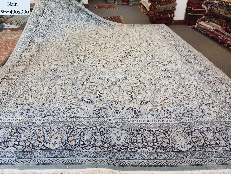 Nain Hand Tufted, size: 400x300 cm, Light Blue, Mixture of wool and cotton, with certificate of authenticity and exchange warranty. Imported directly from Iran.