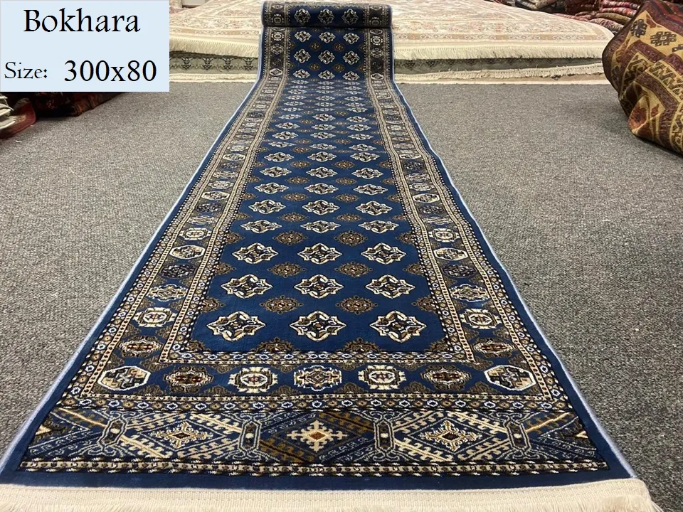 Blue Bokhara 300x80 cm, polyester, machine made.