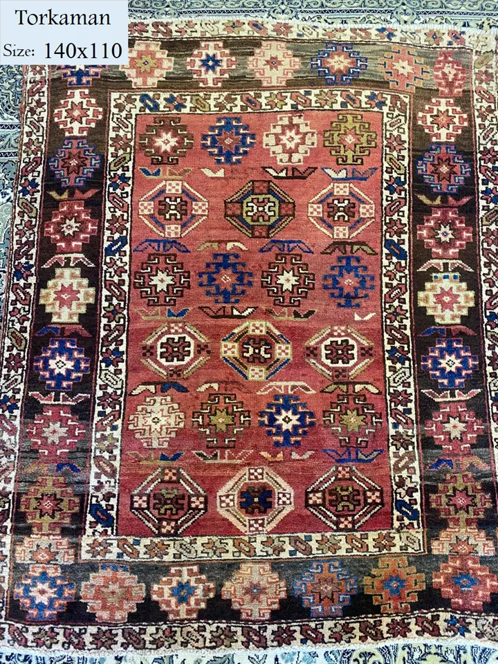 Vintage Handmade Torkaman rug, Size: 140x110 cm, Natural wool, vegetable dye, with certificate of authenticity and exchange warranty. Imported from Iran.