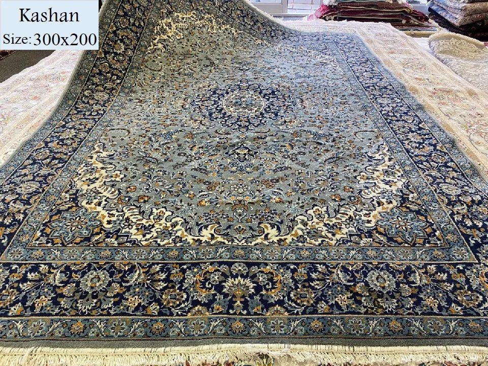 Persian Kashan 300x200 cm, rich light grey color, mixture of wool & cotton, Valuation Certificate of R15000 and exchange warranty. Imported directly from Iran.