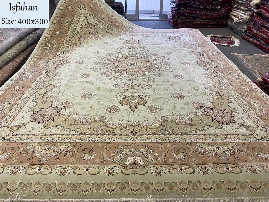 Pre loved Isfahan, Size: 400×300 cm, beige, wool on cotton, 400 knots per square meters, R9000 valuation certificate and exchange warranty.